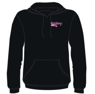 Zwarte hoodie met een roze logo op de borst.