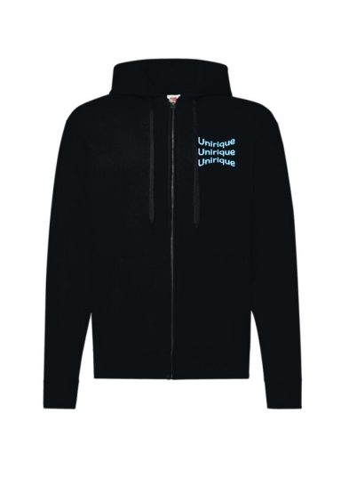 Zwarte hoodie met blauwe lijnen en een rits aan de voorkant.